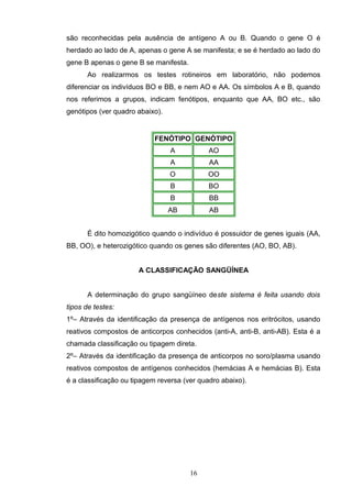 são reconhecidas pela ausência de antígeno A ou B. Quando o gene O é
herdado ao lado de A, apenas o gene A se manifesta; e se é herdado ao lado do
gene B apenas o gene B se manifesta.
Ao realizarmos os testes rotineiros em laboratório, não podemos
diferenciar os indivíduos BO e BB, e nem AO e AA. Os símbolos A e B, quando
nos referimos a grupos, indicam fenótipos, enquanto que AA, BO etc., são
genótipos (ver quadro abaixo).
FENÓTIPO GENÓTIPO
A AO
A AA
O OO
B BO
B BB
AB AB
É dito homozigótico quando o indivíduo é possuidor de genes iguais (AA,
BB, OO), e heterozigótico quando os genes são diferentes (AO, BO, AB).
A CLASSIFICAÇÃO SANGÜÍNEA
A determinação do grupo sangüíneo deste sistema é feita usando dois
tipos de testes:
1º– Através da identificação da presença de antígenos nos eritrócitos, usando
reativos compostos de anticorpos conhecidos (anti-A, anti-B, anti-AB). Esta é a
chamada classificação ou tipagem direta.
2º– Através da identificação da presença de anticorpos no soro/plasma usando
reativos compostos de antígenos conhecidos (hemácias A e hemácias B). Esta
é a classificação ou tipagem reversa (ver quadro abaixo).
16
 