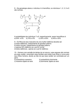 8 – Na genealogia abaixo o indivíduo 4 é hemofílico; os indivíduos 1, 2, 3, 5 e 6
são normais.
1 2 3 4
5 6
7 8
A probabilidade dos indivíduos 7 e 8, respectivamente, serem hemofílicos é:
a) 50% e 0% b) 75% e 0% c) 25% e 50% d) 50% e 25%
9 – Os filhos de sexo masculino de uma mulher daltônica deverão ser:
a) todos daltônicos, independente de genótipo paterno
b) todos normais, independente do genótipo paterno
c) apenas 50% daltônico se o pai for normal
d) todos daltônicos , apenas se o pai for daltônico
10 – Homens com esmalte de dentes de cor escura, cujas esposas são normais
pra esse caráter, transmitem esse fenótipo para todas suas filhas e nunca para
seus filhos homens, devido ao fato de que esse caráter ser controlada por um
gene:
a) autossômico recessivo b) autossômico dominante
c) recessivo ligado ao sexo d) dominante, ligado ao sexo
26
 
