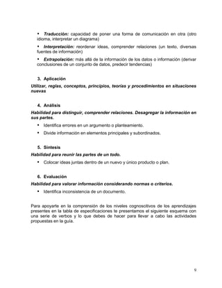  Traducción: capacidad de poner una forma de comunicación en otra (otro
   idioma, interpretar un diagrama)
    Interpretación: reordenar ideas, comprender relaciones (un texto, diversas
   fuentes de información)
    Extrapolación: más allá de la información de los datos o información (derivar
   conclusiones de un conjunto de datos, predecir tendencias)


   3. Aplicación
Utilizar, reglas, conceptos, principios, teorías y procedimientos en situaciones
nuevas


   4. Análisis
Habilidad para distinguir, comprender relaciones. Desagregar la información en
sus partes.
    Identifica errores en un argumento o planteamiento.
    Divide información en elementos principales y subordinados.

   5. Síntesis
Habilidad para reunir las partes de un todo.
    Colocar ideas juntas dentro de un nuevo y único producto o plan.

   6. Evaluación
Habilidad para valorar información considerando normas o criterios.
    Identifica inconsistencia de un documento.

Para apoyarte en la comprensión de los niveles cognoscitivos de los aprendizajes
presentes en la tabla de especificaciones te presentamos el siguiente esquema con
una serie de verbos y lo que debes de hacer para llevar a cabo las actividades
propuestas en la guía.




                                                                                9
 