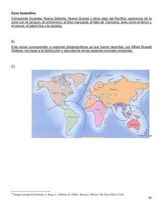 Zona Australina
Comprende Australia, Nueva Zelanda, Nueva Guinea y otras islas del Pacífico, exclusivos de la
zona son el canguro, el ornitorrinco, el lobo marsupial, el lobo de Tazmania, aves como el lemur y
el casuar, el pájaro lira y la cacatúa.



B)
Esta zonas corresponden a regiones zoogeográficas ya que fueron descritas, por Alfred Russell
Wallace, con base a la distribución y abundancia de las especies animales presentes.



C)




                                                                                                         46




46
     Imagen tomada de:Solomon, E. Berg, L. y Martin, D. (2001). Biología. México: Mc Graw Hill. p.1164
                                                                                                         99
 