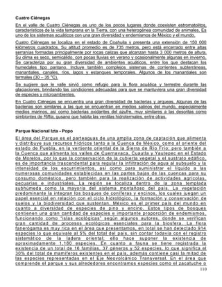 Cuatro Ciénegas
En el valle de Cuatro Ciénegas es uno de los pocos lugares donde coexisten estromatolitos,
característicos de la vida temprana en la Tierra, con una heterogénea comunidad de animales. Es
uno de los sistemas acuáticos con una gran diversidad y endemismos de México y el mundo.
Cuatro Ciénegas se localiza en el estado de Coahuila y presenta una extensión de 150 000
kilómetros cuadrados. Su altitud promedio es de 735 metros, pero está encerrado entre altas
serranías formadas principalmente por rocas calizas que alcanzan hasta 3 000 metros de altura.
Su clima es seco, semicálido, con pocas lluvias en verano y ocasionalmente algunas en invierno.
Se caracteriza por su gran diversidad de ambientes acuáticos, entre los que destacan los
humedales tipo pantano. Incluye también complejos sistemas de corrientes subterráneas,
manantiales, canales, ríos, lagos y estanques temporales. Algunos de los manantiales son
termales (30 – 35 oC).
Se sugiere que le valle sirvió como refugio para la flora acuática y terrestre durante las
glaciaciones, brindando las condiciones adecuadas para que se mantuviera una gran diversidad
de especies y microambientes.
En Cuatro Ciénegas se encuentra una gran diversidad de bacterias y arqueas. Algunas de las
bacterias son similares a las que se encuentran en medios salinos del mundo, especialmente
medios marinos, así como bacterias oxidantes del azufre, muy similares a las descritas como
simbiontes de Riftia, gusano que habita las ventilas hidrotermales, entre otras.


Parque Nacional Izta - Popo
El área del Parque e s el parteaguas de una amplia zona de captación que alimenta
y distribuye sus recursos hídricos tanto a la Cuenca de México, como al oriente del
estado de Puebla, en la vertiente oriental de la Sierra de Río Frío; pero también a
la Cuenca que alimenta los valles de Cuernavaca, Cuautla y Yautepec en el Estado
de Morelos, por lo que la conservación de la cubierta vegetal y el sustrato edáfico,
es de importancia trascendental para regular la infiltración de agua al subsuelo y la
intensidad de los escurrimiento s, así como para suministrar el líquido a las
numerosas comunidades establecidas en las partes bajas de las cuencas para su
consumo doméstico, pero también para la realización de actividades agrícolas,
pecuarias e industriales. La región se localiza dentro de la zona templada
subhúmeda como la mayoría del sistema montañoso del país. La vegetación
predominante la integran los bosques de coníferas y encinos, los cuales juegan un
papel esencial en relación con el ciclo hidrológico, la formación y conservación de
suelos y la biodiversidad que sustentan. México es el primer país del mundo en
cuanto a diversidad de especies de pino y encino. Estos tipos de bosques
contienen una gran cantidad de especies e importante proporción de endemismos,
funcionando como ―isla s ecológicas‖ según algunos autores, donde se verifican
gran cantidad de procesos ecológicos esenciales para la biosfera. La flora
fanerógama es muy rica en el área que presentamos, en total se han detectado 914
especies lo que equivale al 5% del total del país, sin contar todavía con el registro
sistemático de la ladera oriental; ello hace suponer la existencia de
aproximadamente 1,180 especies. En cuanto a fauna se tiene registrada la
existencia de un total de 16 familias, 37 géneros y 52 especies, lo que significa el
30% del total de mamíferos existentes en el país, además contiene casi la mitad de
las especies representadas en el Eje Neovolcánico Transversal. En el área que
comprende el parque y sus alrededores encontramos especies como el zacatuche o
                                                                                  110
 