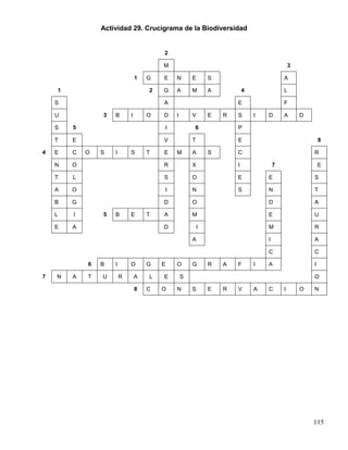 Actividad 29. Crucigrama de la Biodiversidad


                                        2

                                        M                                                       3

                                1   G   E       N       E       S                           A

    1                               2   G       A       M       A           4               L

    S                                   A                               E                   F

    U           3   B       I       O   D       I       V       E   R   S       I   D       A       D

    S   5                                   I           6               P

    T   E                               V               T               E                                   8

4   E   C   O   S   I       S       T   E       M       A       S       C                               R

    N   O                               R               X               I               7                   E

    T   L                               S               O               E           E                   S

    A   O                                   I           N               S           N                   T

    B   G                               D               O                           D                   A

    L   I       5   B       E       T   A               M                           E                   U

    E   A                               D                   I                       M                   R

                                                        A                           I                   A

                                                                                    C                   C

            6   B   I       O       G   E       O       G       R   A   F       I   A                   I

7   N   A   T   U       R       A   L   E           S                                                   O

                                8   C   O       N       S       E   R   V       A   C       I       O   N




                                                                                                        115
 