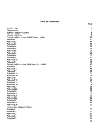 Tabla de contenidos
                                                         Pág.

Introducción                                               1
Presentación                                               3
Tabla de especificaciones                                  5
Niveles cognitivos                                         9
Estructura Conceptual de la Primera Unidad                12
Actividad 1                                               13
Actividad 2                                               14
Actividad 3                                               16
Actividad 4                                               17
Actividad 5                                               19
Actividad 6                                               24
Actividad 7                                               28
Actividad 8                                               30
Actividad 9                                               33
Actividad 10                                              35
Actividad 11                                              38
Estructura Conceptual de la Segunda Unidad                40
Actividad 12                                              42
Actividad 13                                              46
Actividad 14                                              50
Actividad 15                                              51
Actividad 16                                              54
Actividad 17                                              57
Actividad 18                                              60
Actividad 19                                              61
Actividad 20                                              64
Actividad 21                                              65
Actividad 22                                              66
Actividad 23                                              67
Actividad 24                                              68
Actividad 25                                              69
Actividad 26                                              72
Actividad 27                                              74
Actividad 28                                              77
Actividad 29                                              79
Respuestas a las Actividades
Actividad 1                                               80
Actividad 2                                               82
Actividad 3                                               83
Actividad 4                                               84
Actividad 5                                               84
                                                          12
 