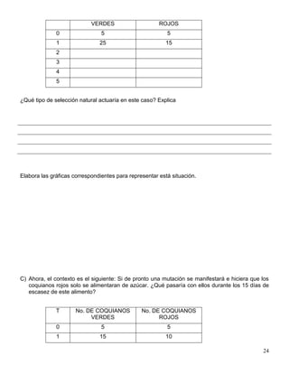 VERDES                     ROJOS
              0                 5                         5
              1                25                        15
              2
              3
              4
              5


¿Qué tipo de selección natural actuaría en este caso? Explica




Elabora las gráficas correspondientes para representar está situación.




C) Ahora, el contexto es el siguiente: Si de pronto una mutación se manifestará e hiciera que los
   coquianos rojos solo se alimentaran de azúcar. ¿Qué pasaría con ellos durante los 15 días de
   escasez de este alimento?


              T       No. DE COQUIANOS          No. DE COQUIANOS
                           VERDES                     ROJOS
              0                 5                         5
              1                15                        10

                                                                                              24
 