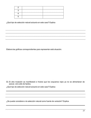 2
              3
              4
              5


¿Qué tipo de selección natural actuaría en este caso? Explica




Elabora las gráficas correspondientes para representar está situación.




D) Si otra mutación se manifestará e hiciera que los coquianos rojos ya no se alimentaran de
   azúcar, sino sólo de lípidos.
¿Qué tipo de selección natural actuaría en este caso? Explica




¿Se puede considerar a la selección natural como fuente de variación? Explica




                                                                                         25
 