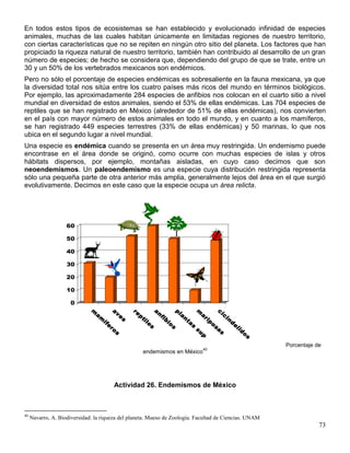 En todos estos tipos de ecosistemas se han establecido y evolucionado infinidad de especies
animales, muchas de las cuales habitan únicamente en limitadas regiones de nuestro territorio,
con ciertas características que no se repiten en ningún otro sitio del planeta. Los factores que han
propiciado la riqueza natural de nuestro territorio, también han contribuido al desarrollo de un gran
número de especies; de hecho se considera que, dependiendo del grupo de que se trate, entre un
30 y un 50% de los vertebrados mexicanos son endémicos.
Pero no sólo el porcentaje de especies endémicas es sobresaliente en la fauna mexicana, ya que
la diversidad total nos sitúa entre los cuatro países más ricos del mundo en términos biológicos.
Por ejemplo, las aproximadamente 284 especies de anfibios nos colocan en el cuarto sitio a nivel
mundial en diversidad de estos animales, siendo el 53% de ellas endémicas. Las 704 especies de
reptiles que se han registrado en México (alrededor de 51% de ellas endémicas), nos convierten
en el país con mayor número de estos animales en todo el mundo, y en cuanto a los mamíferos,
se han registrado 449 especies terrestres (33% de ellas endémicas) y 50 marinas, lo que nos
ubica en el segundo lugar a nivel mundial.
Una especie es endémica cuando se presenta en un área muy restringida. Un endemismo puede
encontrase en el área donde se originó, como ocurre con muchas especies de islas y otros
hábitats dispersos, por ejemplo, montañas aisladas, en cuyo caso decimos que son
neoendemismos. Un paleoendemismo es una especie cuya distribución restringida representa
sólo una pequeña parte de otra anterior más amplia, generalmente lejos del área en el que surgió
evolutivamente. Decimos en este caso que la especie ocupa un área relicta.




                    60

                    50

                    40

                    30

                    20

                    10

                      0
                              m


                                      a




                                                        a


                                                                 p


                                                                          m


                                                                                   c
                                               re
                                         ve




                                                         n


                                                                  la




                                                                                       ic
                               a




                                                                             a
                                                 p


                                                          fi
                                 m




                                                                             ri
                                                                     n




                                                                                        in
                                                   ti
                                          s




                                                            b


                                                                     ta


                                                                               p
                                   if




                                                    le




                                                                                            d
                                                             io




                                                                                   o
                                     e




                                                                                            e
                                                                         s
                                                      s


                                                                s




                                                                                   sa
                                     ro




                                                                                             li
                                                                         su




                                                                                                d
                                                                                       s
                                         s




                                                                                                o
                                                                             p




                                                                                                  s




                                                                                                        Porcentaje de
                                                                              40
                                                    endemismos en México




                                         Actividad 26. Endemismos de México



40
     Navarro, A. Biodiversidad: la riqueza del planeta. Mueso de Zoología. Facultad de Ciencias. UNAM
                                                                                                                    73
 