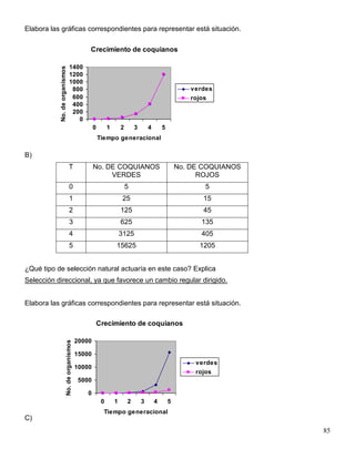 Elabora las gráficas correspondientes para representar está situación.

                                                  Crecimiento de coquianos

                                   1400
           No. de organismos
                                   1200
                                   1000
                                    800                                                                    verdes
                                    600                                                                    rojos
                                    400
                                    200
                                      0
                                                      0        1       2       3       4       5
                                                          Tiempo generacional

B)
                                  T                   No. DE COQUIANOS                                 No. DE COQUIANOS
                                                           VERDES                                            ROJOS
                                   0                                       5                                   5
                                   1                                   25                                     15
                                   2                                   125                                    45
                                   3                                   625                                    135
                                   4                                   3125                                   405
                                   5                               15625                                     1205


¿Qué tipo de selección natural actuaría en este caso? Explica
Selección direccional, ya que favorece un cambio regular dirigido.


Elabora las gráficas correspondientes para representar está situación.

                                                          Crecimiento de coquianos

                                              20000
                          No. de organismos




                                              15000
                                                                                                            verdes
                                              10000
                                                                                                            rojos
                                               5000

                                                  0
                                                           0       1       2       3       4       5
                                                            Tiempo generacional
C)
                                                                                                                          85
 