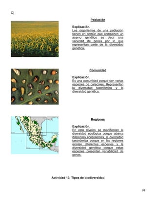 C)

                                Población

                   Explicación.
                   Los organismos de una población
                   tienen en común que comparten un
                   acervo genético es decir una
                   variedad de genes por lo que
                   representan parte de la diversidad
                   genética.




                               Comunidad

                   Explicación.
                   Es una comunidad porque son varias
                   especies de caracoles. Representan
                   la diversidad taxonómica y la
                   diversidad genética.




                                Regiones

                   Explicación.
                   En esto niveles se manifiestan la
                   diversidad ecológica porque abarca
                   diferentes ecosistemas, la diversidad
                   taxonómica porque en las regiones
                   existen diferentes especies y la
                   diversidad genética porque estas
                   especies presentan variabilidad de
                   genes.




     Actividad 13. Tipos de biodiversidad



                                                           93
 