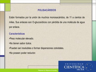 POLISACÁRIDOS
Están formados por la unión de muchos monosacáridos, de 11 a cientos de
miles. Sus enlaces son O-glucosídicos con pérdida de una molécula de agua
por enlace.
Características
•Peso molecular elevado.
•No tienen sabor dulce.
•Pueden ser insolubles o formar dispersiones coloidales.
•No poseen poder reductor.
 
