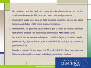 □ Las proteínas son las moléculas orgánicas más abundantes en las células;
constituyen alrededor del 50% de su peso seco o más en algunos casos.
□ Una bacteria puede tener cerca de 1000 proteínas diferentes, pero en una célula
humana puede haber 10.000 clases de proteínas distintas.
□ Químicamente, las proteínas están formadas por la unión de muchas moléculas
relativamente sencillas y no hidrolizables, denominadas Aminoácidos (Aa).
□ Los aminoácidos se unen entre sí originando péptidos. Según su tamaño molecular,
pueden ser oligopéptidos, formados por no más de 10 Aa y polipéptidos, constituidos
por más de 10 Aa.
□ Cuando el número de Aa supera los 50 y el polipéptido tiene una estructura
tridimensional específica, entonces se habla propiamente de proteínas.
 