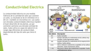 Conductividad Electrica
La conductividad eléctrica es una medida
indirecta de la cantidad de sales que contiene
un suelo, su resultado se da en milimhos/cm o
dS/cm v también en micromhos/cm. Los suelos
con elevadas conductividades eléctricas impiden
el buen desarrollo de las plantas, ya que
contienen asimismo una elevada cantidad de
sales. Cada cultivo es capaz de sobrevivir en
rangos algo diferentes de conductividad,
dependiendo del tipo de sales que tiene el
suelo,
 
