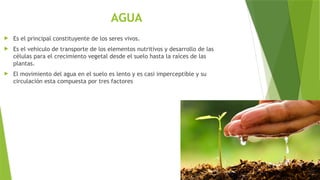 AGUA
 Es el principal constituyente de los seres vivos.
 Es el vehículo de transporte de los elementos nutritivos y desarrollo de las
células para el crecimiento vegetal desde el suelo hasta la raíces de las
plantas.
 El movimiento del agua en el suelo es lento y es casi imperceptible y su
circulación esta compuesta por tres factores
 