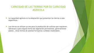CAPACIDAD DE LAS TIERRAS POR SU CAPACIDAD
AGRICOLA
 La capacidad agrícola es la adaptación que presentan las tierras a usos
específicos.
 Las tierras se utilizan ya sea para la producción de cultivos que requieren
labranzas o para alguna forma de vegetación permanente, generalmente
pastos , otras formas de plantas forrajeras o arboles maderables
 
