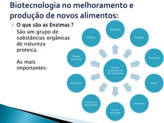    O que são as Enzimas ?
                                                       Quimosina
    São um grupo de
    substâncias orgânicas              Amilases                       Proteases


    de natureza
    proteica.
                           Glicose
                                                                                   Glucanases
                         isomerase
    As mais
    importantes:                                        Enzimas
                                                     produzidas por
                                                     microrganismos



                        Pancreatina                                                 Xilases




                                      Enzimas em
                                                                      Hidrolases
                                      biossensores

                                                        Lactase
                                                       bacteriana
 