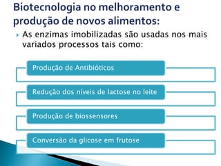    As enzimas imobilizadas são usadas nos mais
    variados processos tais como:

      Produção de Antibióticos


      Redução dos níveis de lactose no leite


      Produção de biossensores


      Conversão da glicose em frutose
 