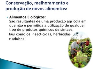    Alimentos Biológicos:
    São resultantes de uma produção agrícola em
    que não é permitida a utilização de qualquer
    tipo de produtos químicos de síntese,
    tais como os insecticidas, herbicidas
    e adubos.
 