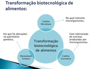 Na qual intervém
                                 Catálise        microrganismos.
                                Microbiana




Em que há alterações                                 Com intervenção
no património                                        de enzimas
genético,                                            produzidas por
                            Transformação            microrganismos.
                            biotecnológica
                             de alimentos
              Manipulação                     Catálise
               Genética                      Enzimática
 