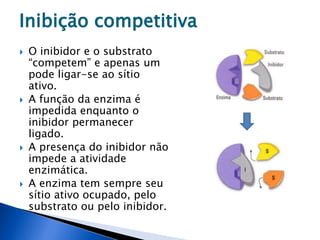  O inibidor e o substrato
“competem” e apenas um
pode ligar-se ao sítio
ativo.
 A função da enzima é
impedida enquanto o
inibidor permanecer
ligado.
 A presença do inibidor não
impede a atividade
enzimática.
 A enzima tem sempre seu
sítio ativo ocupado, pelo
substrato ou pelo inibidor.
Inibição competitiva
 