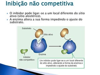 Inibição não competitiva
 O inibidor pode ligar-se a um local diferente do sítio
ativo (sítio alostérico).
 A enzima altera a sua forma impedindo o ajuste do
substrato.
 