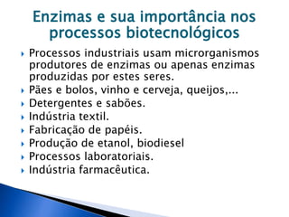 Enzimas e sua importância nos
processos biotecnológicos
 Processos industriais usam microrganismos
produtores de enzimas ou apenas enzimas
produzidas por estes seres.
 Pães e bolos, vinho e cerveja, queijos,...
 Detergentes e sabões.
 Indústria textil.
 Fabricação de papéis.
 Produção de etanol, biodiesel
 Processos laboratoriais.
 Indústria farmacêutica.
 