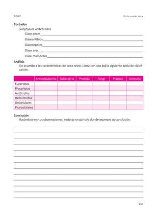 243
Guía didáctica
DGEP
Cordados
Subphylum vertebrados
Clase peces______________________________________________________________
Claseanfibios_____________________________________________________________
Clasereptiles_____________________________________________________________
Clase aves_______________________________________________________________
Clase mamíferos__________________________________________________________
Análisis
De acuerdo a las características de cada reino. Llena con una (x) la siguiente tabla de clasifi-
cación.
Arqueobacteria Eubacteria Protista Fungi Plantae Animalia
Eucariotas
Procariotas
Autótrofos
Heterótrofos
Unicelulares
Pluricelulares
Conclusión
Basándote en tus observaciones, redacta un párrafo donde expreses tu conclusión.
______________________________________________________________________________
______________________________________________________________________________
______________________________________________________________________________
______________________________________________________________________________
______________________________________________________________________________
______________________________________________________________________________
______________________________________________________________________________
______________________________________________________________________________
______________________________________________________________________________
______________________________________________________________________________
______________________________________________________________________________
______________________________________________________________________________
______________________________________________________________________________
 