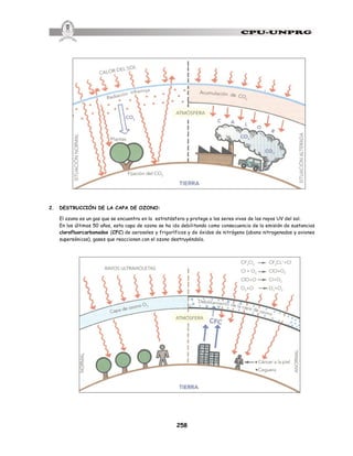 258
2. DESTRUCCIÓN DE LA CAPA DE OZONO:
El ozono es un gas que se encuentra en la estratósfera y protege a los seres vivos de los rayos UV del sol.
En los últimos 50 años, esta capa de ozono se ha ido debilitando como consecuencia de la emisión de sustancias
clorofluorcarbonados (CFC) de aerosoles y frigoríficos y de óxidos de nitrógeno (abono nitrogenados y aviones
supersónicos), gases que reaccionan con el ozono destruyéndolo.
 