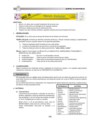 176
OBJETIVOS
§ Definir a la célula como la unidad fundamental de los seres vivos.
§ Explicar la estructura y la fisiología de los organelos celulares.
§ Diferenciar células procariotas de células eucariotas.
§ Comparar los tipos celulares animales y vegetales, estableciendo las principales diferencias.
1. GENERALIDADES
CITOLOGIA: Es la ciencia que se encarga del estudio de las células y sus funciones.
TEORÍA CELULAR: Postulada por Matthew Schleiden (botánico) y Theodor Schwann (zoólogo) y complementada
por Rudolf Virchow, se puede resumir en los siguientes postulados:
v Todos los organismos están formados por una o más células.
v La célula es la unidad básica de estructura y función de los organismos.
v Todas las células provienen de células preexistentes: “omnis cellula e cellula ”
CÉLULA: Según la Teoría Celular: LA CÉLULA ES LA UNIDAD VITAL, MORFOLÓGICA, FISIOLÓGICA Y
GENÉTICA DE LOS SERES VIVOS.
v Unidad vital : Es el ser vivo más pequeño y sencillo.
v Unidad Morfológica : Todos los seres vivos están constituidos por células.
v Unidad Fisiológica : Posee todos los mecanismos bioquímicos para vivir (metabolismo).
v Unidad Genética : Todos derivan de una célula preexistente.
2. CLASIFICACIÓN
Según la presencia de la membrana nuclear y basándose en el hecho de si poseen, o no, organelos especializados
rodeados por membrana, se clasifican en: PROCARIOTAS Y EUCARIOTAS.
PROCARIOTAS
Del griego pro, antes de y karion, núcleo (etimológicamente significa que son células que aparecieron antes de los
eucariotas). Carecen de un núcleo delimitado por una membrana nuclear, por lo que el ADN se encuentra disperso
en el citoplasma.
Son las células más primitivas. Comprenden a los integrantes del dominio Eubacteria (bacterias, cianobacterias) y
del dominio Archaea (arqueobacterias).
A. BACTERIAS.
a) Características:
Las bacterias son unicelulares o coloniales, de vida libre o
parásita, adaptadas a todos los ambientes (cosmopolitas);
muy abundantes y son las formas más antiguas en poblar
la Tierra. Patógenas para el hombre y animales.
Miden entre 1 y 10 µm (micrómetro); otras, como los
MICOPLASMAS, miden entre 0,1 y 0,25 µm. Estos
Causan enfermedades infecciosas en animales y el
hombre.
ENFERMEDAD BACTERIA
Ántrax
Gonorrea
Tifoidea
Tuberculosis
Cólera
Difteria
Tétanos
Diarrea
Neumonía
Meningitis
Peste Bubónica
Botulismo
Sífilis
Tos ferina
Lepra
Bacillus anthracis
Neisseria gonorrhoeae
Salmonella typhi
Mycobacterium tuberculosis
Vibrio cholerae
Corynebacterium diphtheriae
Clostridium tetani
Escherichia coli
Streptococcus pneumoniae
Neisseria meningitidis
Yersinia pestis
Clostridium botulinum
Treponema pallidum
Bordella pertussis
Mycobacterium leprae
Nivel Celular
 