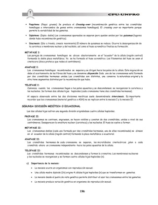 196
§ Paquiteno: (Paqui: grueso) Se produce el Crossing-over (recombinación genética entre las cromátidas
homólogas o intercambio de genes entre cromosomas homólogos). El crossing over es importante porque
permite la variabilidad de los gametos.
§ Diploteno: (Diplo: doble) Los cromosomas apareados se separan pero quedan unidos por los quiasmas (lugares
donde hubo recombinación genética).
§ Diacinesis: (Día: a través, cinesis: movimiento) El número de quiasmas se reduce. Ocurre la desorganización de
la carioteca o membrana nuclear y del nucléolo, así como el huso acromático finaliza su formación.
METAFASE I:
Las parejas de cromosomas homólogos se ubican aleatoriamente en el “ecuador” de la célula (región central)
formando la doble placa metafásica. Ya se ha formado el huso acromático. Los filamentos del huso se unen al
cinetocoro (disco proteico que rodea al centrómero).
ANAFASE I:
Los cromosomas homólogos recombinados se separan y se dirigen hacia los polos de la célula. Esta migración se
debe al acortamiento de las fibras del huso y se denomina disyunción. Cada uno de los cromosomas está formado
por dos cromátidas hermanas unidas. Las cromátidas son distintas, una conserva la naturaleza original y la
otra tiene segmentos distintos por la recombinación que hubo.
TELOFASE I:
Comienza cuando los cromosomas llegan a los polos opuestos y se descondensan; se reorganizan la carioteca y
los nucleolos. Se forman dos células hijas haploides (cada cromosoma tiene dos cromátidas hermanas).
Al espacio observado entre las dos divisiones meióticas suele denominársele intercinesis. Es importante
recordar que los cromosomas (material genético o ADN) no se replican entre la meiosis I y la meiosis II.
SEGUNDA DIVISIÓN MEIÓTICA O ECUACIONAL
Las dos células hijas sufren una segunda división originándose cuatro células haploides.
PROFASE II:
Los cromosomas se contraen, engruesan, se hacen visibles y constan de dos cromátides, unidas a nivel de sus
centrómeros. Desaparecen la envoltura nuclear (carioteca) y los nucleolos. El huso se vuelve a formar.
METAFASE II:
Los cromosomas dobles (cada uno formado por dos cromátidas hermanas, una de ellas recombinada) se alinean
en el ecuador de la célula (región central) formando la placa metafásica o ecuatorial.
ANAFASE II:
Las cromátidas hermanas de cada cromosoma se separan, los microtúbulos cinetocóricos jalan a cada
cromátida -ahora un cromosoma independiente- hacia los polos opuestos de la célula.
TELOFASE II:
Las cromátidas hermanas recombinadas se descondensan y forman la cromatina. Las membranas nucleares
y los nucleolos se reorganizan y se forman cuatro células hijas haploides (n).
c) Importancia de la meiosis:
· La meiosis ocurre en organismos con reproducción sexual.
· Una célula madre diploide (2n) origina 4 células hijas haploides (n) que se transforman en gametos.
· La meiosis desde el punto de vista genético permite distribuir al azar los cromosomas entre los gametos.
· La meiosis produce variación genética en organismo de reproducción sexual.
 