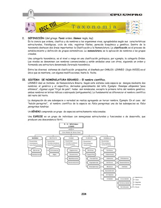 204
I. DEFINICIÓN: (del griego Taxis: orden; Nomos: regla, ley)
Es la ciencia que ordena, clasifica y da nombres a los organismos vivos, agrupándolos según sus características
estructurales, fisiológicas, ciclo de vida, registros fósiles, parecido bioquímico y genético. Dentro de la
taxonomía destacan dos áreas importantes: la Clasificación y la Nomenclatura. La clasificación, es el proceso de
establecimiento y definición de grupos sistemáticos. La nomenclatura, es la aplicación de nombres a los grupos
creados.
Una categoría taxonómica, es el nivel o rango en una clasificación jerárquica, por ejemplo, la categoría Orden.
Los niveles se denominan con nombres convencionales y están anidados unos con otros, siguiendo un orden y
formando una estructura denominada Jerarquía taxonómica.
Entre los diversos sistemas de clasificación propuestos, el diseñado por CARLOS LINNEO (Siglo XVIII) es el
único que se mantiene, con algunas modificaciones, hasta la fecha.
II. SISTEMA DE NOMENCLATURA BINARIO.- El nombre científico.
LINNEO ideó un Sistema de Nomenclatura Binaria. Según este sistema cada especie se designa mediante dos
nombres: el genérico y el específico, derivados generalmente del latín. Ejemplo: Penelope albipennis “pava
aliblanca”, Cajanus cajan “frijol de palo”; todas son minúsculas, excepto la primera letra del nombre genérico;
ambos nombres en letras itálicas o subrayado (antiguamente). Lo fundamental es diferenciar el nombre científico
del resto del texto.
La designación de una subespecie o variedad se realiza agregando un tercer nombre. Ejemplo: En el caso del
“halcón peregrino”, el nombre científico de la especie es Falco peregrinus; una de las subespecies es Falco
peregrinus tundrius.
Un GÉNERO comprende un grupo de especies estrechamente relacionadas.
Una ESPECIE es un grupo de individuos con semejanzas estructurales y funcionales o de desarrollo, que
producen una descendencia fértil.
Mamíferos
Aves
Reptiles
Anfibios
Peces
* Eucariotas
* Pluricelulares
* Heterótrofos
* Eucariotas
* Pluricelulares
* Autótrofos
* Eucariotas
* Uni/pluricelulares
* Heterótrofos
* Eucariotas
* Uni/pluricelulares
* Auto/heterótrofos
* Procariotas
* Unicelulares
* Auto/heterótrofos
Cinco Reinos de Seres Vivos
R. H. Whittaker
(1969)
FUNGI
PROTISTA
MONERA PLANTAE ANIMALIA
Bacterias
Cianobacterias
Protozoarios
Algas
Zigomicetos Briofitas Poríferos
Ascomicetos
Basidiomicetos
Deuteromicetos
Traqueofitas
Pteridofitas
Angiospermas
Gimnospermas
Celentereos
Platelmintos
Nematelmintos
Anélidos
Moluscos
Equinodermos
Artrópodos
Cordados
Helmintos
Urocordados
Cefalocordados
Vertebrados
Rotíferos
clasificó
T a x o n o m í a
 