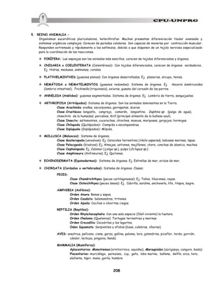 208
5. REINO ANIMALIA.-
Organismos eucarióticos pluricelulares, heterótrofos. Muchos presentan diferenciación tisular avanzada y
sistemas orgánicos complejos. Carecen de paredes celulares. Son capaces de moverse por contracción muscular.
Responden extremada y rápidamente a los estímulos, debido a que disponen de un tejido nervioso especializado
para la coordinación de las reacciones.
v PORÍFERA: Las esponjas son los animales más sencillos, carecen de tejidos diferenciados y órganos.
v CNIDARIA o COELENTERATA (Celentéreos): Con tejidos diferenciados, carecen de órganos verdaderos.
Ej. Hidras, medusas, anémonas, corales.
v PLATYHELMINTHES (gusanos planos): Con órganos desarrollados. Ej. planarias, alicuya, tenias.
v NEMÁTODA o NEMATELMINTOS (gusanos redondos): Sistema de órganos. Ej. Ascaris lumbricoides
(lombriz intestinal), Trichinella (triquinosis), oxiuros, gusano del corazón de los perros.
v ANNELIDA (Anélidos): gusanos segmentados. Sistema de órganos. Ej. Lombriz de tierra, sanguijuelas.
v ARTHROPODA (Artrópodos): Sistema de órganos. Son los animales dominantes en la Tierra.
Clase Arachnida: arañas, escorpiones, garrapatas, ácaros.
Clase Crustácea: langosta, cangrejo, camarón, langostino, Daphnia sp. (pulga de agua),
chanchito de la humedad, percebes, Krill (principal alimento de la ballena azul).
Clase Insecta: saltamontes, cucarachas, chinches, moscas, mariposas, gorgojos, hormigas.
Clase Chilopoda (Quilópodos): Ciempiés o escolopendras.
Clase Diplopoda (Diplópodos): Milpiés.
v MOLLUSCA (Moluscos): Sistema de órganos.
Clase Gasteropoda (univalvos): Ej. Caracoles terrestres (Helix aspersa), babosas marinas, lapas.
Clase Pelecypoda (bivalvos): Ej. Almejas, ostiones, mejillones, choro, conchas de abanico, machas.
Clase Cephalopoda: Ej. Calamar (Loligo sp.), pulpo (Octupus sp.)
Clase Amphineura (Anfineuros). Ej. Quitones.
v ECHINODERMATA (Equinodermos): Sistema de órganos. Ej. Estrellas de mar, erizos de mar.
v CHORDATA (Cordados o vertebrados): Sistema de órganos. Clases:
PECES:
Clase Chondrichthyes (peces cartilaginosos): Ej. Tollos, tiburones, rayas.
Clase Osteichthyes (peces óseos): Ej. Cabrilla, sardina, anchoveta, life, tilapia, bagre.
AMPHIBIA (Anfibios):
Orden Anura: Ranas y sapos.
Orden Caudata: Salamandras, tritones.
Orden Apoda: Cecilias o viboritas ciegas.
REPTILIA (Reptiles):
Orden Rhynchocephalia: Con una sola especie (fósil viviente) la tuatara.
Orden Chelonia (Quelonios): Tortugas terrestres y marinas.
Orden Crocodilia: Cocodrilos y los lagartos.
Oden Squamata: Serpientes u ofidios (boas, culebras, víboras).
AVES: avestruz, pelícano, cisne, garza, gallina, paloma, loro, golondrina, picaflor, tordo, gorrión,
cóndor, lechuza, pingüino, ñandú.
MAMMALIA (Mamíferos):
Aplacentarios: Monotremas (ornitorrinco, equidna); Marsupiales (zarigüeya, canguro, koala)
Placentarios: murciélago, perezoso, cuy, gato, lobo marino, ballena, delfín, orca, toro,
elefante, tapir, mono, gorila, hombre
 