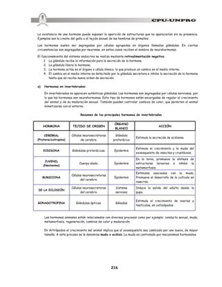 216
La existencia de una hormona puede suponer la aparición de estructuras que no aparecerían sin su presencia.
Ejemplos son la cresta del gallo o el tejido sexual de las hembras de primates.
Las hormonas suelen ser segregadas por células agrupadas en órganos llamados glándulas. En ciertas
circunstancias son segregadas por neuronas, en estos casos reciben el nombre de neurohormonas.
El funcionamiento del sistema endocrino se realiza mediante retroalimentación negativa:
1. La glándula recibe la información para la secreción de la hormona.
2. La glándula libera la hormona.
3. La hormona actúa en el órgano o célula blanco, lo que produce un cambio en el medio interno.
4. El cambio en el medio interno es detectado por la glándula secretora e inhibe la secreción de la hormona
hasta que se reciba nueva orden de secreción.
a) Hormonas en invertebrados:
En invertebrados no aparecen auténticas glándulas. Las hormonas son segregadas por células nerviosas, por
lo que las hormonas son neurohormonas. Este tipo de hormonas están encargadas de regular el crecimiento
del animal y de su maduración sexual. También pueden controlar cambios de color, que permiten al animal
mimetizarse con el entorno.
Resumen de las principales hormonas de invertebrados
HORMONA TEJIDO DE ORIGEN
ÓRGANO
BLANCO
ACCIÓN
CEREBRAL
(Protoracicotropina)
Células neurosecretoras
de cerebro.
Glándula
protorácica
Estimula la secreción de ecdisona
ECDISONA Glándulas protorácicas. Epidermis
Estimula el crecimiento y la muda del
exoesqueleto de insectos y crustáceos.
JUVENIL
(Neotenina)
Cuerpo alado. Epidermis
En la larva, promueve la síntesis de
estructuras larvarias e inhibe la
metamorfosis.
BURSICONA
Células neurosecretoras
del cerebro.
Epidermis
Estímulos asociados con la muda.
Promueve el desarrollo de la cutícula en
insectos.
DE LA ECLOSIÓN
Células neurosecretoras
del cerebro.
Sistema
nervioso
Induce la salida del adulto desde la
pupa.
GONADOTROPINA Glándulas ópticas. Gónadas
Estimula el crecimiento de ovarios y
testículos; en cefalópodos
Las hormonas animales están relacionadas con diversos procesos como por ejemplo: conducta sexual, muda,
metamorfosis, regeneración, cambios de color y maduración.
En Artrópodos el crecimiento del animal implica que el exoesqueleto sea cambiado por uno nuevo, de mayor
tamaño. A este proceso se le denomina muda o ecdisis. La muda es controlada por mecanismos hormonales.
 