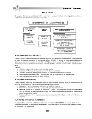 238
MUTACIONES
Es cualquier alteración o variación cualitativa o cuantitativa que experimenta el material genético, es decir, un
cambio en la estructura o en el número de cromosomas.
MUTACIONES GÉNICAS O PUNTUALES
Cuando afectan la composición química de los genes; es decir, los cambios afectan simplemente a una sola pareja
de bases nitrogenadas. Un cambio en la naturaleza química del ADN. En general, se trata de pequeños cambios
químicos que afectan la secuencia de nucleótidos del ADN que forma ese gen. Por ejemplo, la sustitución de un
nucleótido por otro, la pérdida o inserción de nuevos nucleótidos, pudiendo ocurrir durante la replicación del
ADN.
Ejemplos:
4 Albinismo : Ausencia de pigmento en la piel, ojos, cabello.
4 Galactosemia: Acumulación de galactosa en el hígado; retraso mental.
4 Talasemia: Formación de hemoglobina alterada; los síntomas varían de leves a mortales.
4 Acondroplasia: Enanismo asociado a defectos en la zona de crecimiento de los huesos largos.
4 Síndrome de Marfan: defecto del tejido conectivo
MUTACIONES CROMOSÓMICAS
Cuando alteran la estructura del cromosoma, producido por duplicación, inversión, delección o translocación de
parte del material genético. Afectan la secuencia de genes del cromosoma.
4 Duplicación: repetición de una parte de la estructura del cromosoma.
4 Inversión: modificación en el orden que ocupan los genes en el cromosoma.
4 Delección: pérdida de un segmento de cromosoma. Ejemplo, Deleción del brazo corto del cromosoma 5
(5p-) o Síndrome del maullido de gato. En este caso, los lactantes tienen llanto parecido al maullido de
gato y retraso mental intenso.
4 Translocación: paso de un fragmento de un cromosoma a otro no homólogo, y puede ser recíproca o no
recíproca.
MUTACIONES GENÓMICAS O CARIOTÍPICAS
Cuando producen variaciones numéricas en la dotación cromosómica (CARIOTIPO); es decir, si el número de
cromosomas presentes en un organismo es diferente al típico de su especie, de la cual existen dos posibilidades:
las poliploidías y las aneuploidías.
CLASIFICACIÓN DE LAS MUTACIONES
SEGÚN EL TIPO DE
CÉLULA
MUTACIÓN
SOMÁTICA
MUTACIÓN
GAMÉTICA
SEGÚN SU
ORIGEN
MUTACIÓN
NATURAL
MUTACIÓN
ARTIFICIAL o
INDUCIDA
SEGÚN LA CANTIDAD DE MATERIAL
GENÉTICO AFECTADO
MUTACIONES GÉNICAS o
PUNTUALES
MUTACIONES CROMOSOMICAS
o ABERRACIONES
ESTRUCTURALES DE LOS
CROMOSOMAS
MUTACIONES GENÓMICAS
o ABERRACIONES NUMÉRICAS
DE LOS CROMOSOMAS
 