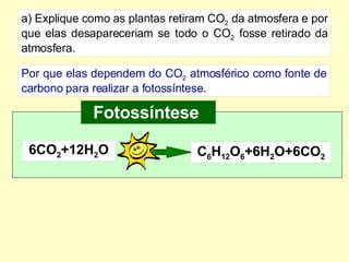 a) Explique como as plantas retiram CO 2  da atmosfera e por que elas desapareceriam se todo o CO 2  fosse retirado da atmosfera. Por que elas dependem do CO 2  atmosférico como fonte de carbono para realizar a fotossíntese.  6CO 2 +12H 2 O C 6 H 12 O 6 +6H 2 O+6CO 2 Fotossíntese  