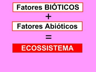 Fatores BIÓTICOS Fatores Abióticos + ECOSSISTEMA = 