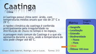Clima

 A Caatinga possui clima semi –árido, com
 temperaturas médias anuais que vão de 27°C a                     Imagens
 29°C.                                                     Menu   Fontes
 A rigidez climática da caatinga é conferida
 principalmente pela irregularidade na
 distribuição de chuva no tempo e no espaço.
 A paisagem mais comum da Caatinga é a que ela
 apresenta durante a seca, onde a temperatura do
 solo pode chegar até 60°C.



Grupo: João Gabriel, Rodrigo, Lais e Lucas.   Turma: 213
 
