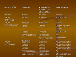 SECRECIÓN     ENZIMAS            ALIMENTOS          PRODUCTOS
                                 SOBRE LOS
                                 QUE ACTUAN
SALIVA        Amilasa            Almidón            Maltosa
JUGO          Pepsina            Proteína           Polipéptidos
GASTRICO
JUGO          Amilasas           Almidones          Maltosa.
PANCREATICO   Lipasa             Grasas             Glicerol y ácidos
                                                    grasos.
              Tripsina           Proteína           Polipéptidos
              Carboxipeptidasa   Polipéptidos       Aa
              s                  Ácidos nucleicos   Nucleótidos
              Nucleasas
JUGO          Sacarasa           Sacarosa           Azucares simples
INTESTINAL    Maltasa            Maltosa            Azucares simples
              Lactasa            Lactosa            Azucares simples
              Aminopeptidasa     Polipeptidos       Aa
              Nucleotidasas      Nucleótidos        BN, ácid.fosforico,
 