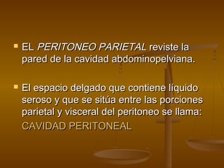    EL PERITONEO PARIETAL reviste la
    pared de la cavidad abdominopelviana.

   El espacio delgado que contiene líquido
    seroso y que se sitúa entre las porciones
    parietal y visceral del peritoneo se llama:
    CAVIDAD PERITONEAL
 