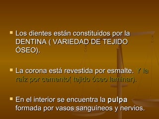    Los dientes están constituidos por la
    DENTINA ( VARIEDAD DE TEJIDO
    ÓSEO).

   La corona está revestida por esmalte. Y la
    raíz por cemento( tejido óseo laminar).

   En el interior se encuentra la pulpa
    formada por vasos sanguíneos y nervios.
 