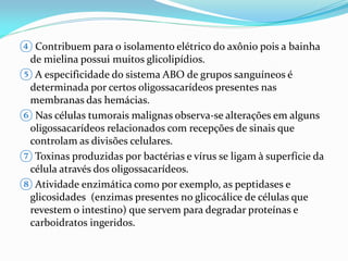 ④ Contribuem para o isolamento elétrico do axônio pois a bainha
 de mielina possui muitos glicolipídios.
⑤ A especificidade do sistema ABO de grupos sanguíneos é
 determinada por certos oligossacarídeos presentes nas
 membranas das hemácias.
⑥ Nas células tumorais malignas observa-se alterações em alguns
 oligossacarídeos relacionados com recepções de sinais que
 controlam as divisões celulares.
⑦ Toxinas produzidas por bactérias e vírus se ligam à superfície da
 célula através dos oligossacarídeos.
⑧ Atividade enzimática como por exemplo, as peptidases e
 glicosidades (enzimas presentes no glicocálice de células que
 revestem o intestino) que servem para degradar proteínas e
 carboidratos ingeridos.
 
