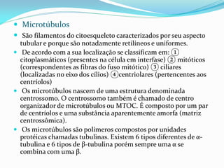  Microtúbulos
 São filamentos do citoesqueleto caracterizados por seu aspecto
  tubular e porque são notadamente retilíneos e uniformes.
 De acordo com a sua localização se classificam em: ①
  citoplasmáticos (presentes na célula em interfase) ② mitóticos
  (correspondentes as fibras do fuso mitótico) ③ ciliares
  (localizadas no eixo dos cílios) ④centriolares (pertencentes aos
  centríolos)
 Os microtúbulos nascem de uma estrutura denominada
  centrossomo. O centrossomo também é chamado de centro
  organizador de microtúbulos ou MTOC. É composto por um par
  de centríolos e uma substância aparentemente amorfa (matriz
  centrossômica).
 Os microtúbulos são polímeros compostos por unidades
  protéicas chamadas tubulinas. Existem 6 tipos diferentes de α-
  tubulina e 6 tipos de β-tubulina porém sempre uma α se
  combina com uma β.
 