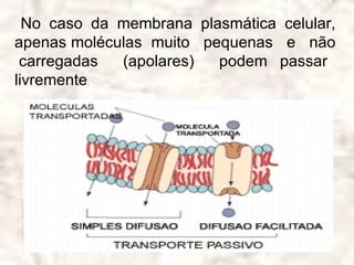 No caso da membrana plasmática celular,
apenas moléculas muito pequenas e não
 carregadas  (apolares)  podem passar
livremente.
 