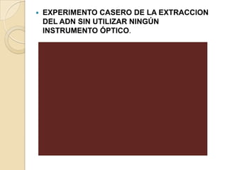 

EXPERIMENTO CASERO DE LA EXTRACCION
DEL ADN SIN UTILIZAR NINGÚN
INSTRUMENTO ÓPTICO.

 