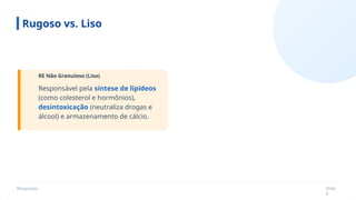 Respostas Slide
9
RE Não Granuloso (Liso)
Rugoso vs. Liso
Responsável pela síntese de lipídeos
(como colesterol e hormônios),
desintoxicação (neutraliza drogas e
álcool) e armazenamento de cálcio.
 