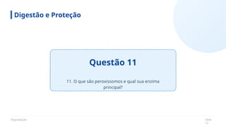 Degradação Slide
12
Questão 11
Digestão e Proteção
11. O que são peroxissomos e qual sua enzima
principal?
 