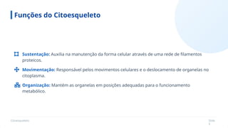 Citoesqueleto Slide
5
Funções do Citoesqueleto
Sustentação: Auxilia na manutenção da forma celular através de uma rede de filamentos
proteicos.
Movimentação: Responsável pelos movimentos celulares e o deslocamento de organelas no
citoplasma.
Organização: Mantém as organelas em posições adequadas para o funcionamento
metabólico.
 