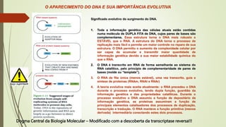 O APARECIMENTO DO DNA E SUA IMPORTÂNCIA EVOLUTIVA
Significado evolutivo do surgimento do DNA.
1. Toda a informação genética das células atuais estão contidas
numa molécula de DUPLA FITA de DNA, cujos pares de bases são
complementares. Essa estrutura torna o DNA mais robusto e
ESTÁVEL que o RNA. A estrutura do DNA torna o processo de
replicação mais fácil e permite um maior controle no reparo de sua
estrutura. O DNA permitiu o aumento da complexidade celular por
ser capaz de acumular e transmitir maior quantidade de
informação genética devido a sua maior estabilidade química do
que o RNA.
2. O DNA é transcrito em RNA de forma semelhante ao sistema do
RNA catalítico, pelo principio de complementaridade de pares de
bases (molde ou “template”).
3. O RNA de fita única (menos estável), uma vez transcrito, guia a
síntese de proteínas (RNAm, RNAt e RNAr)
4. A teoria evolutiva mais aceita atualmente: o RNA precedeu o DNA
durante o processo evolutivo, tendo dupla função, guardião da
informação genética e das propriedades catalíticas. Durante o
processo evolutivo o DNA assumiu a função de depositário da
informação genética, as proteínas assumiram a função de
principais elementos catalisadores dos processos de duplicação,
transcrição e tradução. O RNA manteve a função primitiva (menos
derivada) intermediária conectando estes dois processos.
Dogma Central da Biologia Molecular – Modificado com a descoberta da transcriptase reversa!!!
 