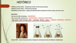 HISTÓRICO
4 Bilhões de Anos Atrás - Surgimento da Vida na Terra (procariontes)
2 Bilhões de Anos Atrás – Primeiros Eucariontes
700 Milhões de Anos Atrás – Organismos Multicelulares (explosão de formas e tipos de seres vivos)
HISTÓRICO:
-Há mais de 2.000, Aristóteles – ABIOGÊNESE
-Até o século XIX, Cristianismo – CRIACIONISMO, “GERAÇÃO ESPONTÂNEA”
- 1668 (século XVII) Francesco Redi – naturalista, filósofo e poeta – PRIMEIRA EXPERIÊNCIA CIENTÍFICA
UTILIZANDO UM GRUPO CONTROLE E REPLICATAS DO EXPERIMENTOS.
-Século XVIII – volta a discussão sobre a Origem da vida (Experimentos de Nedham e Spallanzani)
 
