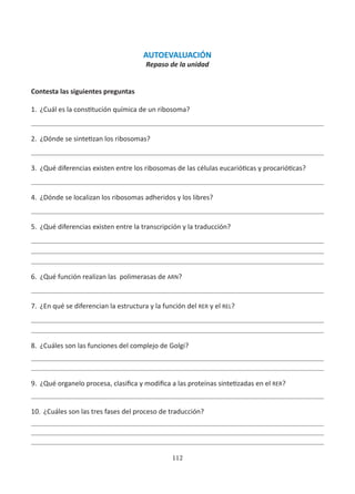 112
AUTOEVALUACIÓN
Repaso de la unidad
Contesta las siguientes preguntas
1.	 ¿Cuál es la constitución química de un ribosoma?
2.	 ¿Dónde se sintetizan los ribosomas?
3.	 ¿Qué diferencias existen entre los ribosomas de las células eucarióticas y procarióticas?
4.	 ¿Dónde se localizan los ribosomas adheridos y los libres?
5.	 ¿Qué diferencias existen entre la transcripción y la traducción?
6.	 ¿Qué función realizan las polimerasas de ARN?
7.	 ¿En qué se diferencian la estructura y la función del RER y el REL?
8.	 ¿Cuáles son las funciones del complejo de Golgi?
9.	 ¿Qué organelo procesa, clasifica y modifica a las proteínas sintetizadas en el RER?
10.	 ¿Cuáles son las tres fases del proceso de traducción?
 