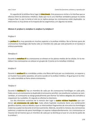 179
Control de funciones celulares y reproducción
uas / dgep
En seguida de la telofase tiene lugar la intercinesis. Este proceso es similar a la interfase que se
efectúa entre las divisiones mitóticas. Dado que no es una interfase verdadera porque no existe
ninguna fase S y por lo tanto el ADN no se replica porque los cromosomas están duplicados. La
intercinesis es muy breve en la mayoría de los organismos y en algunos no existe.
Meiosis II: profase II, metafase II, anafase II y telofase II
Profase II
La profase II es muy parecida en muchos aspectos a la profase mitótica. No se forman pares de
cromosomas homólogos (de hecho sólo un miembro de cada par está presente en el núcleo) ni
entrecruzamiento.
Metafase II
Durante la metafase II los cromosomas se alinean en los planos medios de las células. En la me-
tafase II los cromosomas se colocan en grupos de 2 (como en la metafase mitótica).
Anafase II
Durante la anafase II las cromátidas unidas a las fibras del huso por sus cinetocoros, se separan y
se mueven hacia polos opuestos, tal como sucede en la anafase mitótica. Al igual que en la mito-
sis, cada cromátida se llama ahora cromosoma.
Telofase II
Durante la telofase II, hay un miembro de cada par de cromosomas homólogos en cada polo.
Cada uno es un cromosoma no duplicado (cromosoma sencillo). Las envolturas nucleares se reen-
samblan, el cromosoma se alarga gradualmente para formar las hebras delgadas de cromatina y
reaparecen los nucleólos. En seguida se efectúa la citocinesis.
Las dos divisiones sucesivas de la meiosis dan lugar a cuatro núcleos haploides que con-
tienen un cromosoma de cada tipo. Cada célula haploide resultante tiene una combinación
genética distinta, esto es debido a que se intercambian fragmentos de ADN entre los homólogos
maternos y paternos durante el entrecruzamiento. Además, durante la meiosis, los cromosomas
paternos y maternos de pares homólogos se separan independientemente. Los cromosomas se
mezclan de tal manera que un miembro de cada par se distribuye al azar en uno de los polos de
la anafase I.
 