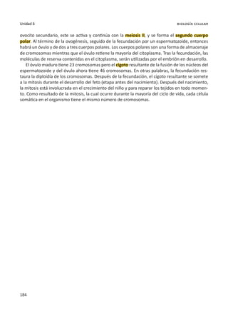 184
Unidad 6 biología celular
ovocito secundario, este se activa y continúa con la meiosis II, y se forma el segundo cuerpo
polar. Al término de la ovogénesis, seguido de la fecundación por un espermatozoide, entonces
habrá un óvulo y de dos a tres cuerpos polares. Los cuerpos polares son una forma de almacenaje
de cromosomas mientras que el óvulo retiene la mayoría del citoplasma. Tras la fecundación, las
moléculas de reserva contenidas en el citoplasma, serán utilizadas por el embrión en desarrollo.
El óvulo maduro tiene 23 cromosomas pero el cigoto resultante de la fusión de los núcleos del
espermatozoide y del óvulo ahora tiene 46 cromosomas. En otras palabras, la fecundación res-
taura la diploidía de los cromosomas. Después de la fecundación, el cigoto resultante se somete
a la mitosis durante el desarrollo del feto (etapa antes del nacimiento). Después del nacimiento,
la mitosis está involucrada en el crecimiento del niño y para reparar los tejidos en todo momen-
to. Como resultado de la mitosis, la cual ocurre durante la mayoría del ciclo de vida, cada célula
somática en el organismo tiene el mismo número de cromosomas.
 